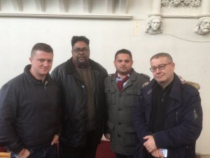Pegida UK leader Tommy Robinson, with community activist Desmond Jaddoo, councillor Waseem Zaffar and the BBC's Adrian Goldberg in Lozells