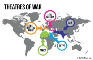 Graphics showing areas of conflict which featured Muslim soldiers during World War One.