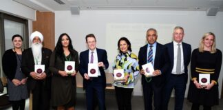 Photo Left to Right: • Manjit Kaur Kang • Bhai Sahib Bhai Mohinder Singh ji • Opinderjit Kaur Takhar, • Andy Street • Anita Bhalla • Paul Bassi • John Maude • Laura Suffolk